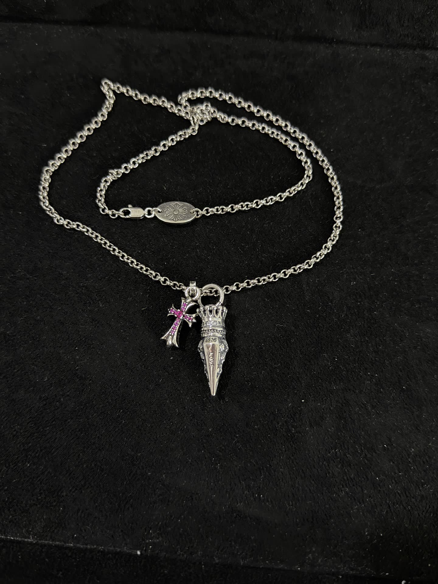 Chrome Hearts Silver Cross and Crown Pendant Necklace